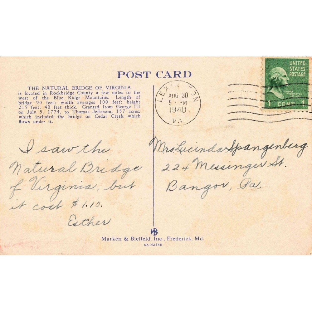 Vintage 1940 Saltpeter Cave Natural Bridge VA Linen Postcard Marken & Bielfeld - Picture 2 of 2